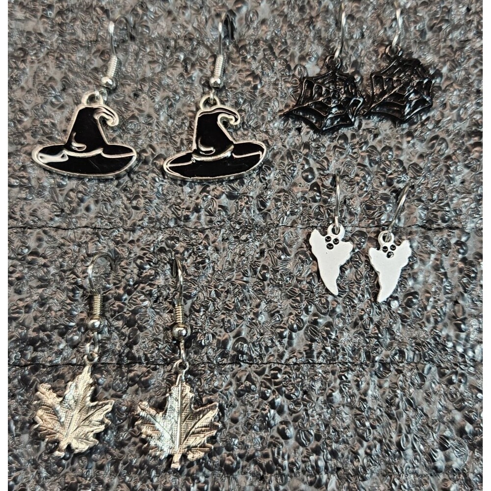 Set of 4 Fun Autumn Fall Halloween Ghost Spider Witch Leaf Earrings (read)